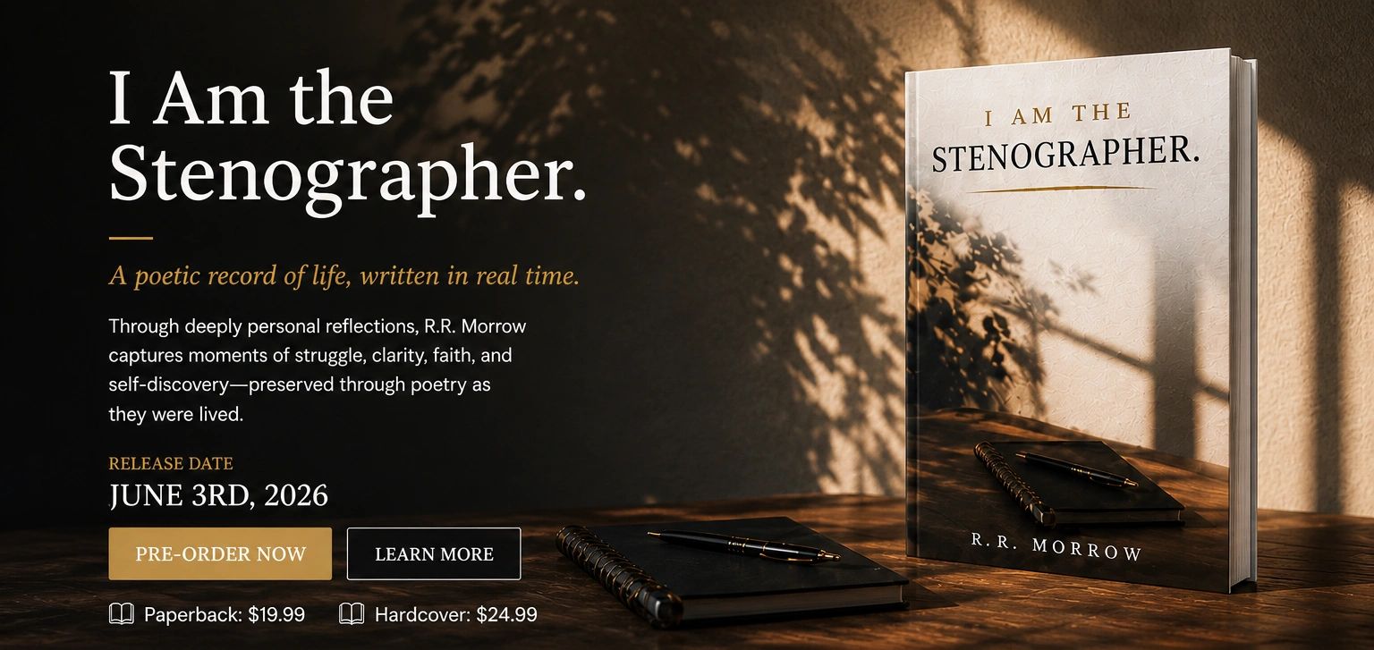 Book cover and promotional text for "I Am the Stenographer" by R.R. Morrow, releasing June 3rd, 2026.