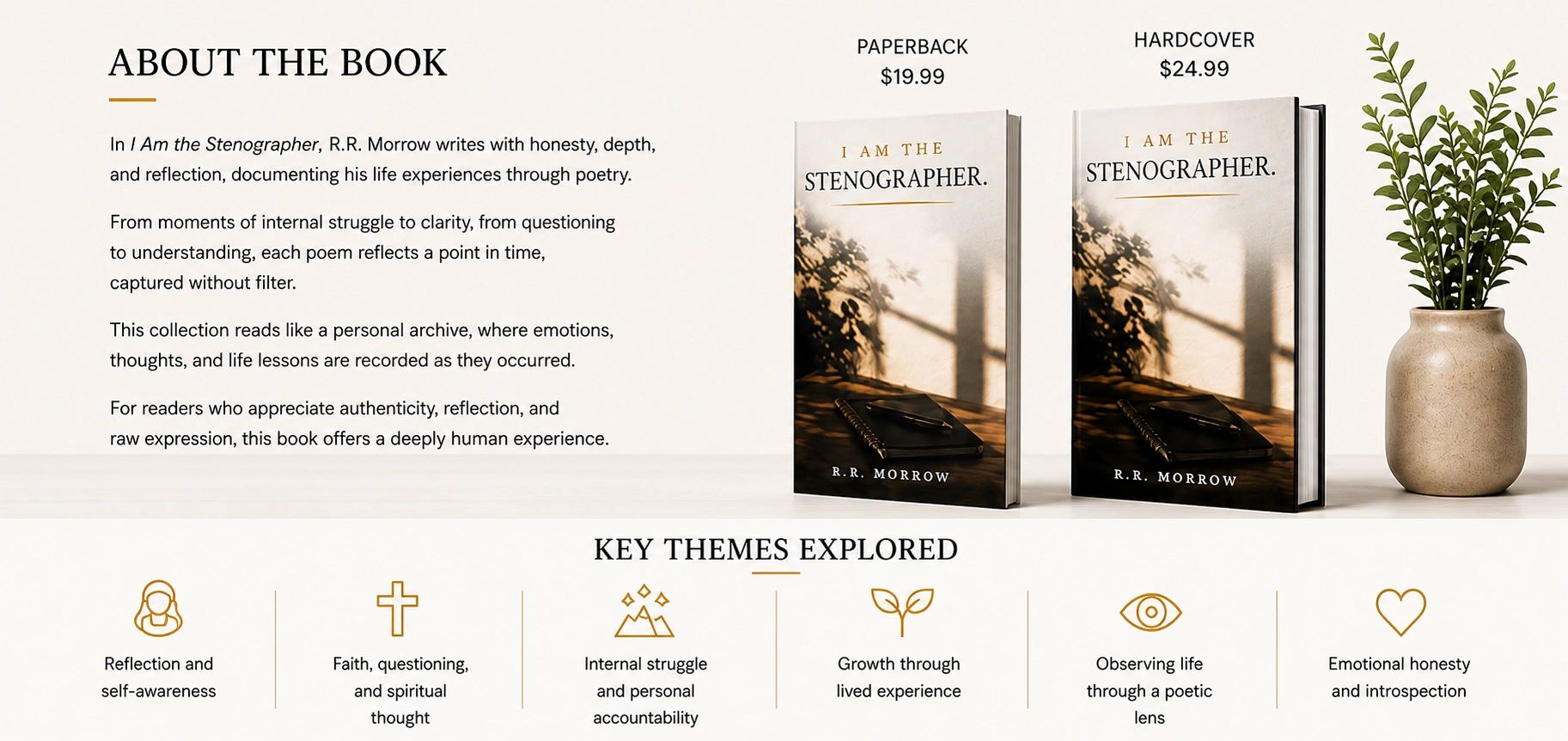 Overview and key themes of the poetry book I Am the Stenographer by R.R. Morrow, available in paperback and hardcover.