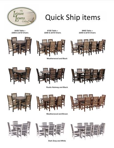Quick ship lawn furniture sets in various colors and sizes.
