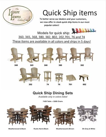 Quick ship outdoor furniture in various colors and models.