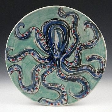 Blue Octopus on Aqua Dinner Plate