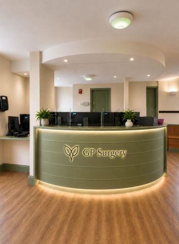 Modern GP surgery reception desk with plants.