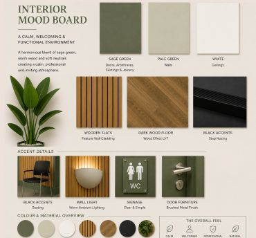 Calm and professional interior mood board with sage green and wood tones.