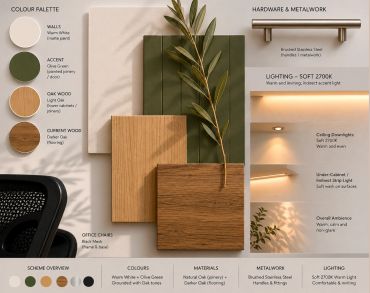 Interior design palette and materials with soft lighting and natural tones.