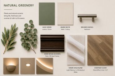 Natural greenery and earth-tone interior design samples.