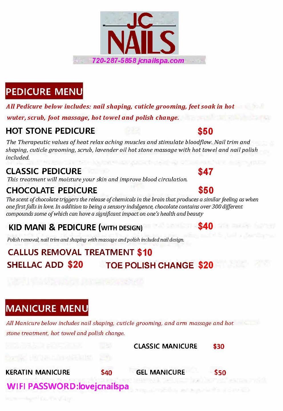 JC Nails pedicure and manicure menu with prices and services.