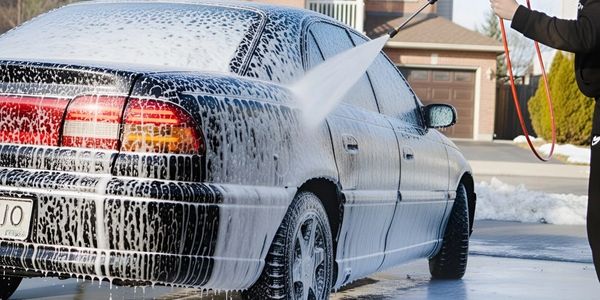 Person washing a car with foam and water spray in a driveway.