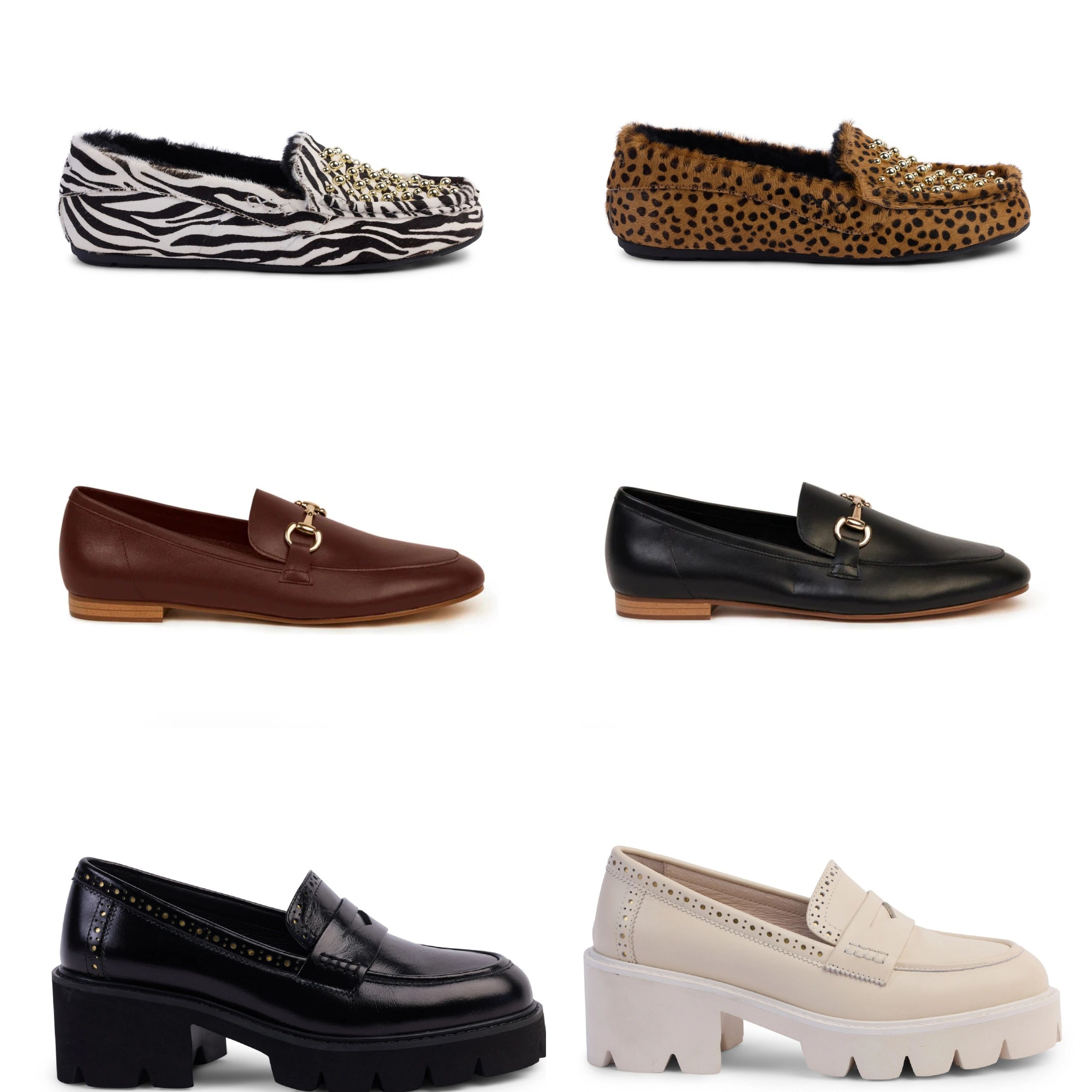 Six pairs of stylish loafers in various colors and patterns.