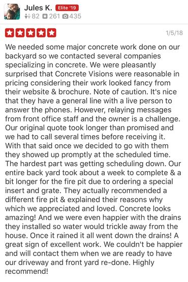 Positive review praising concrete work and customer service challenges.