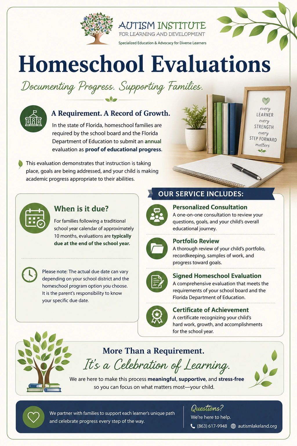 Informational flyer about homeschool evaluations by Autism Institute for Florida families.