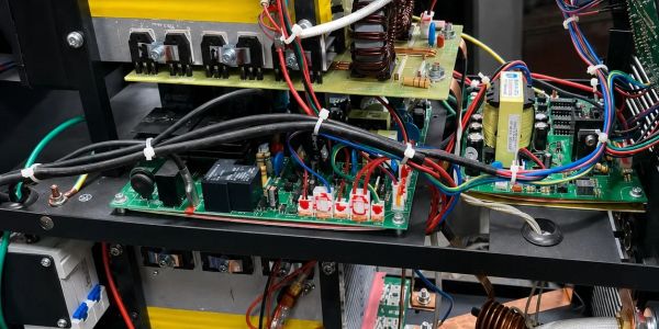 Complex electronic circuit board with multiple wires.