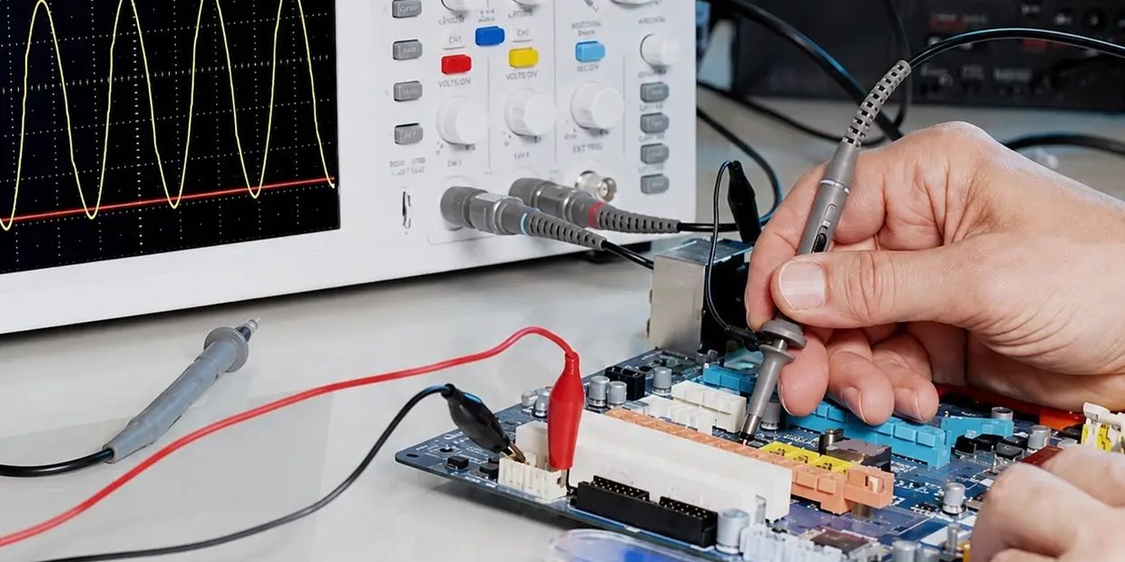 Using oscilloscope probe on a circuit board.