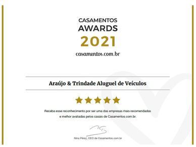 Certificate awarding Araújo &amp; Trindade as top vehicle rental for weddings in 2021.