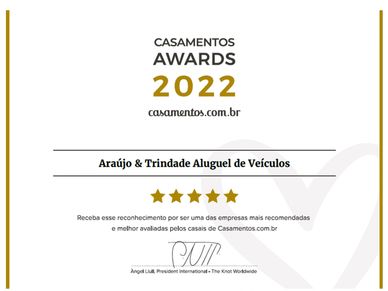 Award certificate recognizing Araújo &amp; Trindade for excellent vehicle rental service in 2022.