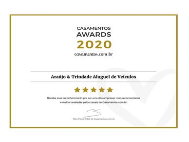 Award certificate for Araújo &amp; Trindade Aluguel de Veículos in 2020.