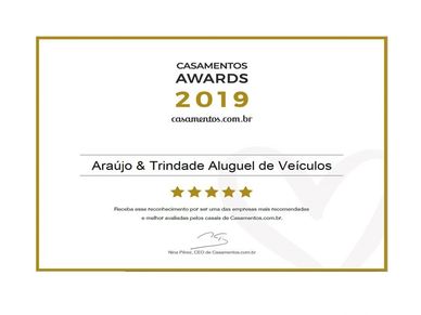 Award certificate for Araújo &amp; Trindade Aluguel de Veículos in 2019.