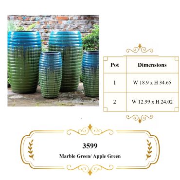 Set of four dripped blue and green ceramic pots at succulent world/Miami Florida.