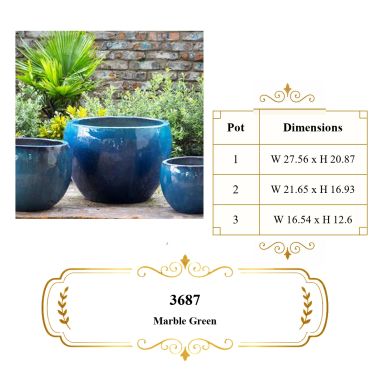 Set of three glaze blue garden pots with dimensions.