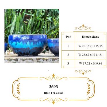 Blue tri-color ceramic bowl planters in various sizes.