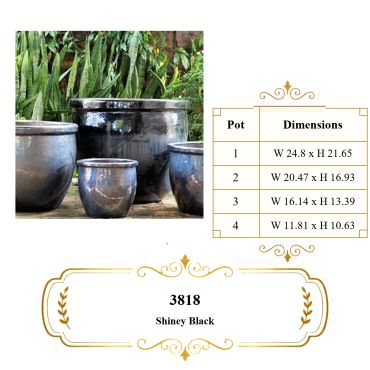 Set of shiny black garden pots with dimensions chart.