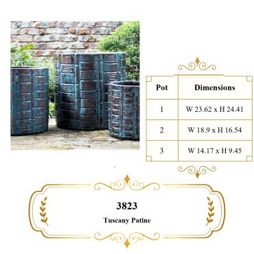 Textured turquoise glaze pots with dimensions listed.