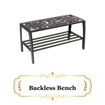 Backless bench with decorative top and lower slats.