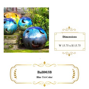 Decorative Blue Tri-Color garden glaze balls with moon and star cutouts.
