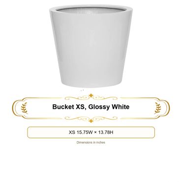 Glossy white bucket XS with dimensions.