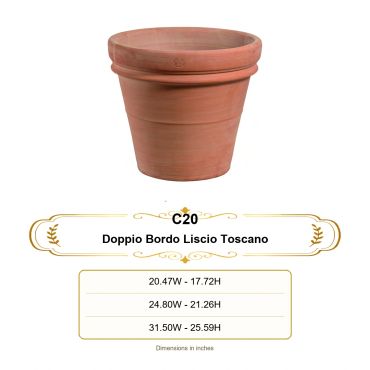 Terracotta plant pot named Doppio Bordo Liscio Toscano with dimensions in inches.