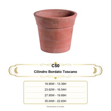 Terracotta Tuscan bordered cylinder planter with size dimensions.