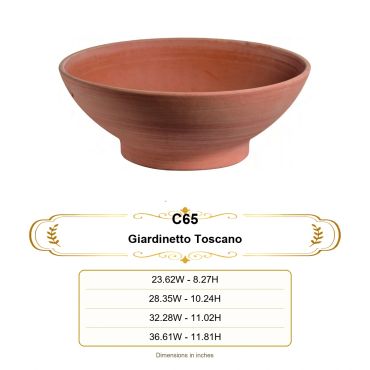 Terracotta bowl named Giardinetto Toscano with size details in inches.