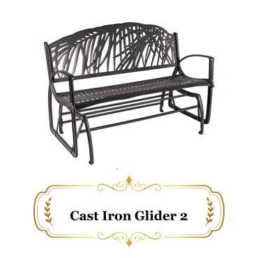 Decorative cast iron glider bench with artistic backrest.