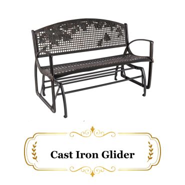 Elegant cast iron glider bench with leaf design.