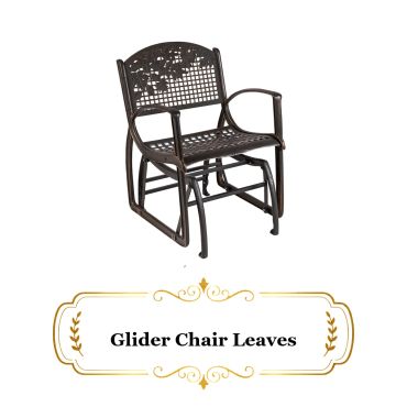 Metal glider chair with leaf design on backrest.