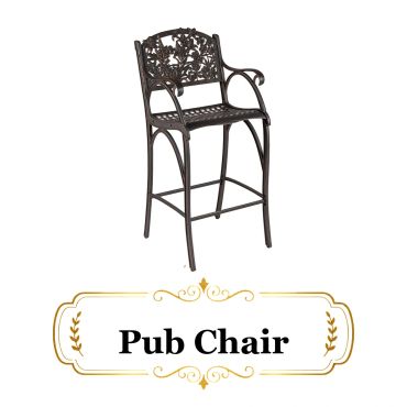 Decorative metal pub chair with floral design.