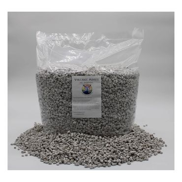 Bag of gray granular volcanic mineral with some spilled outside.