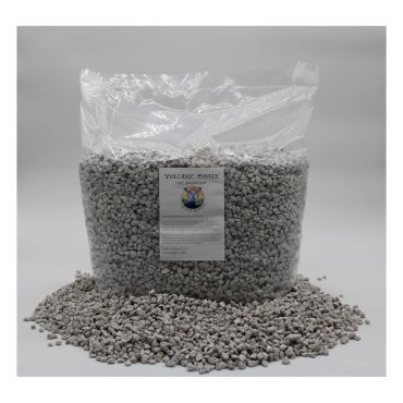 Bag of gray granular volcanic mineral with some spilled outside.
