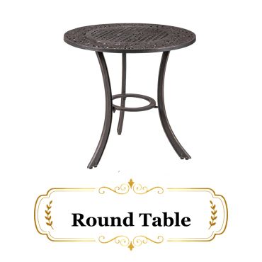 Intricately designed round metal table with curved legs.
