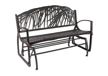 Metal outdoor bench with decorative backrest and armrests.