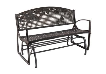 Metal garden bench with floral backrest design and armrests.