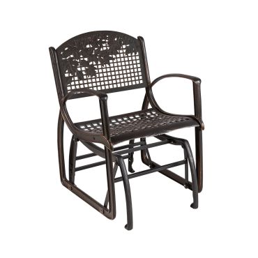 Metal outdoor glider chair with floral design and armrests.