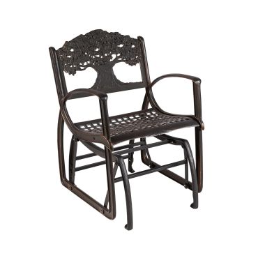 Metal rocking chair with tree design on backrest.