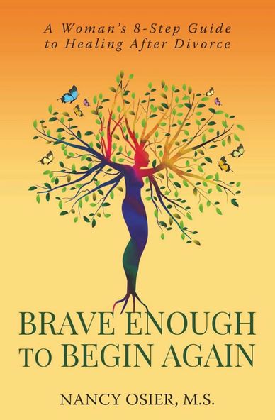 A book cover titled 'Brave Enough to Begin Again' with a tree-woman illustration and butterflies.