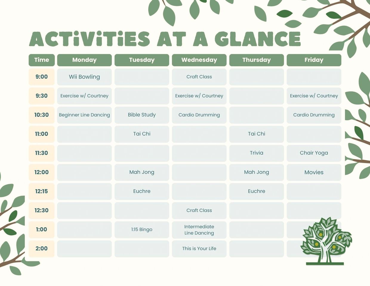 Weekly schedule of various activities from Monday to Friday with times and events listed.