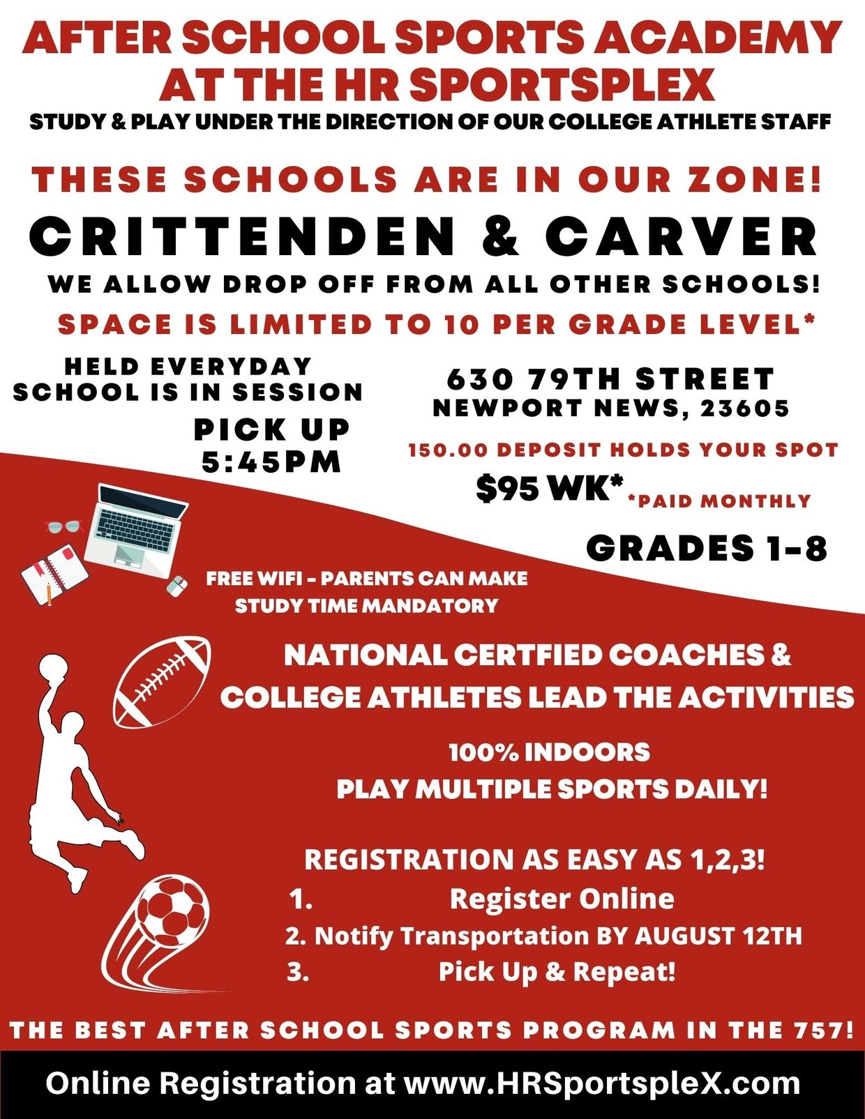 After school sports program at HR Sportsplex for grades 1-8 with certified coaches and study time.