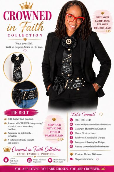 Woman modeling the Crowned in Faith Collection with faith-inspired accessories and stylish black outfit.