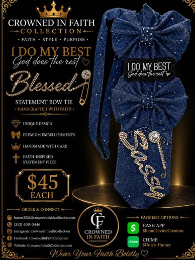 Elegant handcrafted bow ties from Crowned in Faith Collection, featuring faith-inspired designs and premium embellishments.