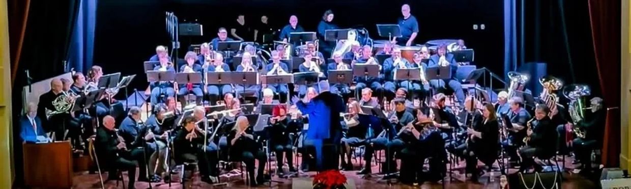 Large orchestra performing on stage with conductor.
