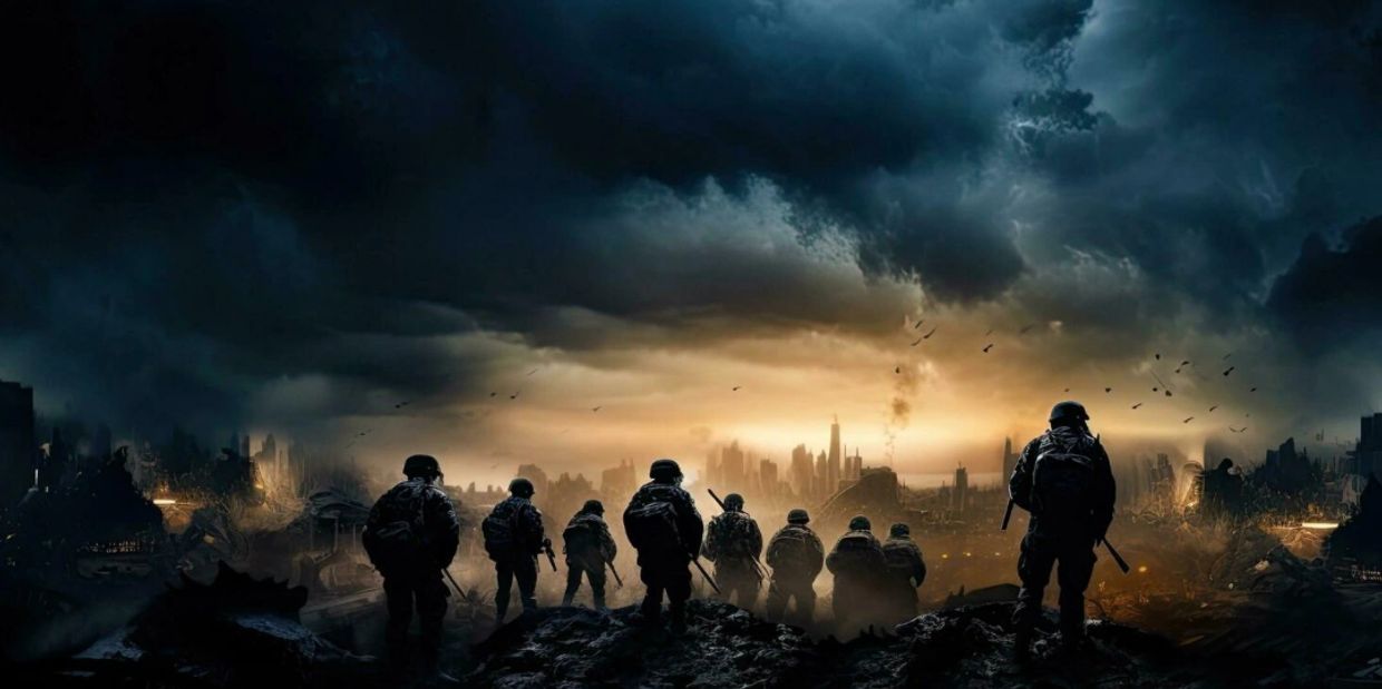 Silhouettes of soldiers against a dark, stormy battlefield skyline.