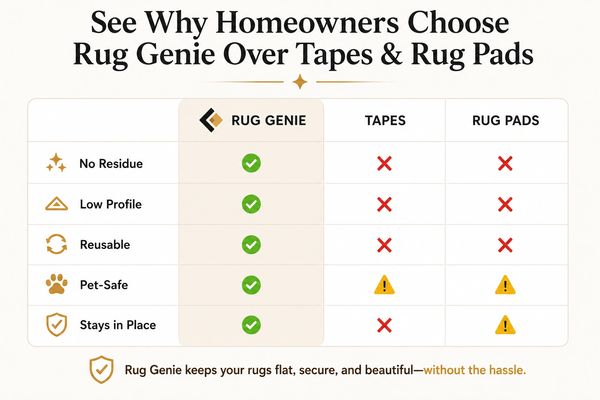 Comparison chart showing Rug Genie advantages over tapes and rug pads.